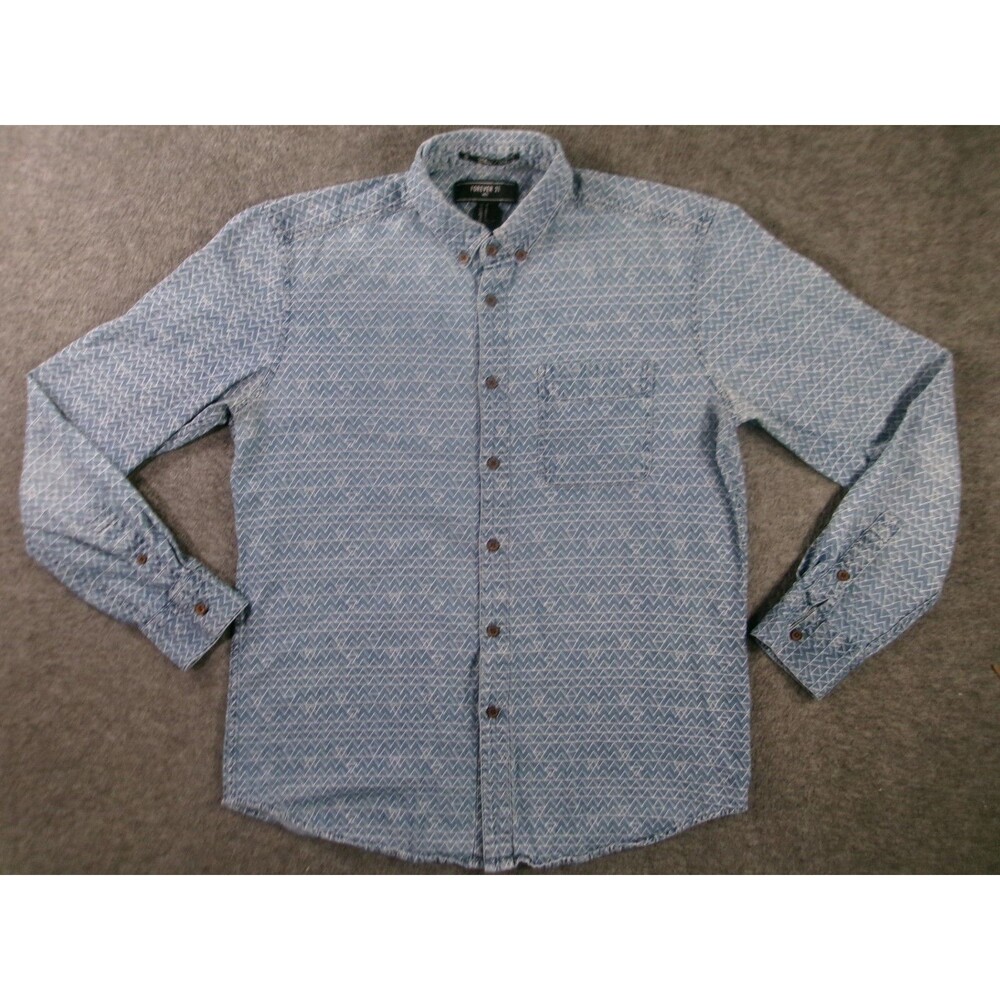 Forever 21 Shirt Mens M Blue Printed Button Front Classic Preppy Causal SEE